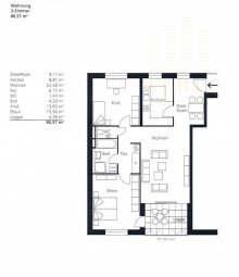 01_Wohnungsgrundriss_3_Zimmer_86_57qm Helle Stadtwohnung mit Loggia, Einbauk�che und Aufzug in zentraler Lage