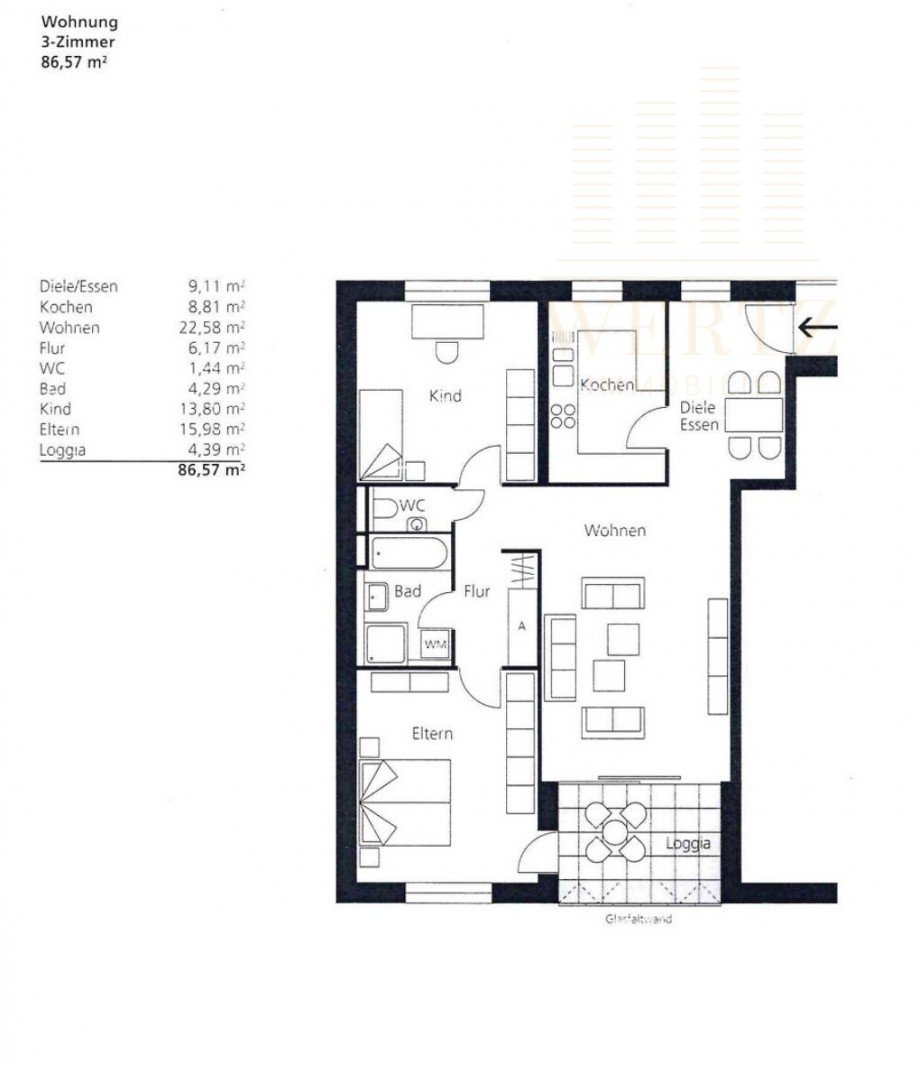 01_Wohnungsgrundriss_3_Zimmer_86_57qm Etagenwohnung Ulm